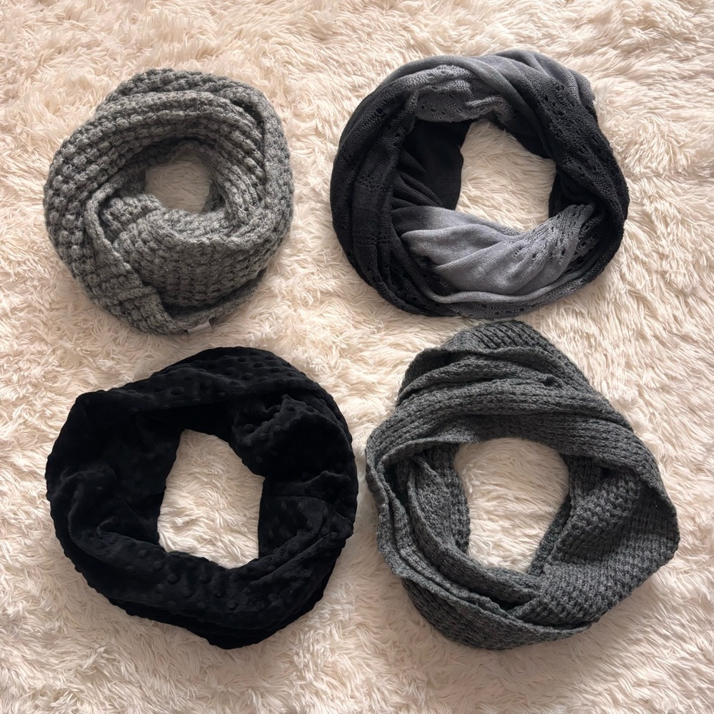 Set of Four Gray and Black Infinity Scarves